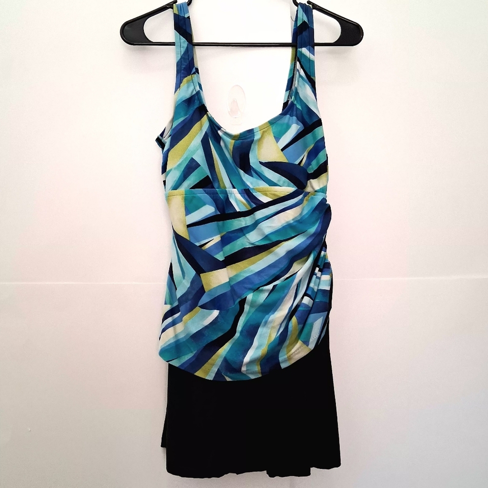 MAXINE Blue and Yellow Patterned Swimsuit Dress One Piece Size 12